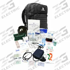 Backpack Responder Kit: 206 Components, Nylon, Bag, Black, No Medication Included, Nylon (MPN FA138B-ADV-GR). Key specifications — Brand: ELITE FIRST AID; Adhesive Bandages Included: (16) 1 in x 3 in Bandage Strips; Product Type: Backpack Responder Kit; PPE and Disposal Equipment Included: (8) Pairs Nitrile Gloves; Oral and Inhalant Medicinals Included: (20) Pain Relievers; Tools Included: Stethoscope; Topical Medicinals Included: Burn Gel; Wound Dressings Included: (3) Multi Trauma Dressings.