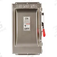 SIEMENS Safety Switch: Fusible, 60 A, Three Phase, 240V AC, 304 Stainless Steel, Indoor/Outdoor (MPN HF322S). Key specifications — Brand: SIEMENS.