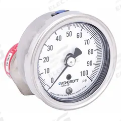 ASHCROFT Pressure Gauge with Diaphragm Seal: 0 psi to 100 psi, 1009/310-315, 2 1/2 in Dial, Glycerin (MPN 251009AW02B100#/25310SS02TXCG). Key specifications — Brand: ASHCROFT; Gauge Case Liquid: None; Seal Fill Liquid: Glycerin; Gauge Case Material: 304 Stainless Steel; Seal Lower Housing Material: 316L Stainless Steel; Accuracy: ±1.50%.