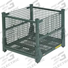 STEEL KING Collapsible Bulk Container: 18.4 cu ft, 45 in x 48 in x 42 in, Lid Not Included, Green (MPN HF4WM454842VG). Key specifications — Brand: STEEL KING; Stackable: Stacking Capable; Shape: Rectangular; Runner Location: None; Fork Entry: 4-Way Entry; Container Wall Type: Vented; Mobility: Stationary; Collapsible: Collapsible.