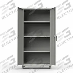 STRONG HOLD Storage Cabinet: 36 in x 24 in x 72 in, Swing Handle & Padlock Hasp, 14 ga Panel Thick (MPN 36-243-L-5S). Key specifications — attr62698: Medium Gray; attr62736: Welded; attr87895: Legs; attr62693: Assembled; attr62737: Stationary; attr62694: Adjustable; attr62695: Baked Enamel; attr62696: Steel.