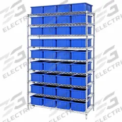 QUANTUM STORAGE SYSTEMS Shelving Unit: 48 in x 18 in x 74 in, 1 Sided, 36 Bins, Stack and Nest Bin (MPN WR9-92060CL). Key specifications — Includes Bins: Yes; Frame Color: Chrome; Bin HxWxD: 6 x 10-7/8 x 16-1/2 in; Frame Material: Carbon Steel; Bin Color: Clear; Bin Style: Stack and Nest; Brand: QUANTUM STORAGE SYSTEMS.