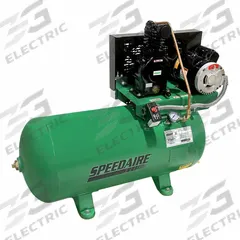 SPEEDAIRE Electric Air Compressor: 1 hp, 1 Stage, Horizontal, 30 gal, 3.4 cfm, 90 psi, Base Model (MPN 3JR83). Key specifications — attr48430: SPEEDAIRE; attr48445: 60 Hz; attr48450: 120V AC; attr48474: Single; attr48487: Horizontal.