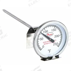 DWYER Clip On Dial Thermometer: 0°F to 250°F, +/- 2% Accuracy, 8 in Stem Lg, Fahrenheit (MPN CBT28051). Key specifications — Accuracy: +/- 2%; Brand: DWYER; Temperature Units: Fahrenheit.
