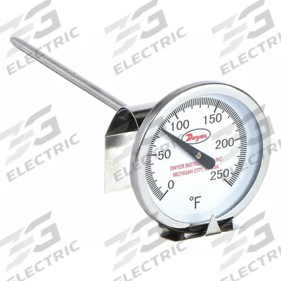 Dwyer Clip On Dial Thermometer: 0°F to 250°F, +/- 2% Accuracy, 8 in Stem Lg - General Purpose Vat & Pan Clip-On Dial Thermometers