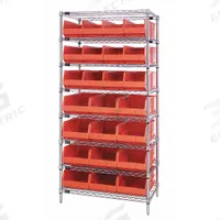QUANTUM STORAGE SYSTEMS Bin Shelving: 36 in x 21 in x 74 in, 1 Sided, 24 Bins, Open, Shelf Bin (MPN WR8-483485OR). Key specifications — Includes Bins: Yes; Bin Material: Polypropylene; Frame Color: Silver; Bin HxWxD: (12) 7 in x 11 in x 20-1/2 in; Frame Material: Steel; Bin Color: Orange; Bin Style: Shelf; Brand: QUANTUM STORAGE SYSTEMS.