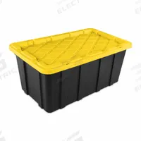 STERILITE Storage Tote: 38 gal, 37 1/2 in x 21 5/8 in x 15 7/8 in, Black Body, Yellow Lid, Yellow (MPN 50679Y04). Key specifications — Material: Plastic; Body Color: Black; Lid Color: Yellow; Brand: STERILITE; NSF Certified: Not NSF Certified; Nestable: Nesting Capable.
