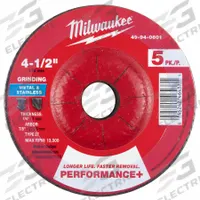 MILWAUKEE Grinding Wheel: Type 27, 4 1/2" x 1/4" x 7/8", Zirconia Alumina, 24 Grit, 5 PK (MPN 49-94-0601). Key specifications — Brand: MILWAUKEE.