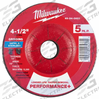 MILWAUKEE Grinding Wheel: Type 27, 4 1/2" x 1/4" x 7/8", Zirconia Alumina, 24 Grit - High-Performance Grinding Wheels for Carbon & Stainless Steel