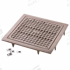JAY R. SMITH MFG. CO Grid: Cast Iron, 17 in Overall Wd, 2 1/2 in Overall Ht, Bronze, Screw-In (MPN 3140). Key specifications — Brand: JAY R. SMITH MFG. CO; Finish: Bronze; Color: Bronze; Material: Cast Iron; Connection Type: Screw-In; Grate Opening Type: Full Grate; Grate Surface Style: Square Holes; Product Type: Grid.