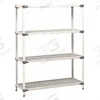 METRO Plastic Shelving: 60 in x 18 in, 62 in Overall Ht, 4 Shelves, 800 lb Load Capacity per Shelf (MPN Q366G3). Key specifications — Resistance Properties: Antimicrobial; Shelf Adjustment Type: Quick-Adjust; Frame Material: Steel; Shelving Material: Plastic; Brand: METRO.