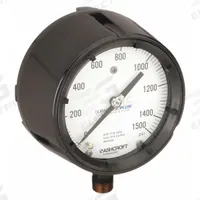 ASHCROFT Process Pressure Gauge: 0 psi to 1,500 psi, White, 4 1/2 in Dial, 1/2 in NPT Male, Bottom (MPN 451279SS04LXLL1500). Key specifications — Brand: ASHCROFT; Pointer Color: Black; Accuracy: ±0.5%; Dial Color: White; Gauge Wetted Parts: Stainless Steel; Case Material: Phenolic; Vibration Resistance Properties: Dry Case Vibration-Dampened; Pressure Range: 0 psi to 1,500 psi.