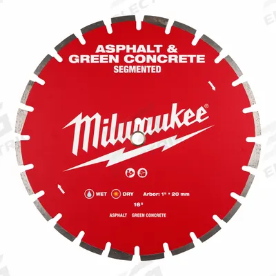 MILWAUKEE Diamond Saw Blade: Asphalt/Green Concrete, 16 in Blade Dia., 1 in Arbor Size - Concrete & Asphalt-Cutting Blades