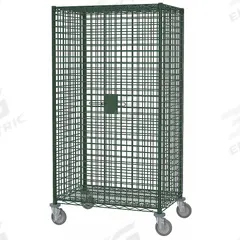 METRO Security Cart: 900 lb, 36 in L x 24 in W Self, 41 in L x 28 in W x 69 in H Overall Dim, Green (MPN SEC53DK3). Key specifications — Shelf Type: Adjustable; Caster Brake Type: No Brake Included; Brand: METRO; Caster/Wheel Configuration: (4) Swivel; Shelves Included: None.