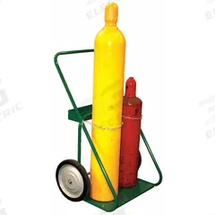 SAFTCART Cylinder Hand Truck: 400 lb, Side by Side, 2 Cylinder, 24 in W x 13 in D Nose Plate (MPN 401-14). Key specifications — attr1343829: SAFTCART; attr1343789: Green; attr1343794: Chain.