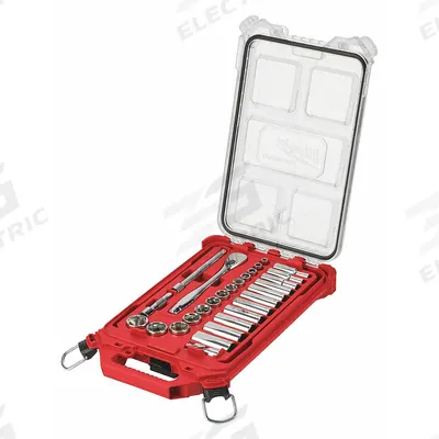 MILWAUKEE Ratchet & Socket Set: 3/8 in Drive, 28 Piece, 6-Point, SAE - SAE & Metric Socket Sets with Drive Tools