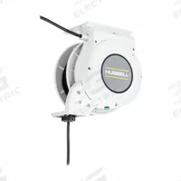 HUBBELL WIRING DEVICE-KELLEMS Extension Cord Reel: Ratchet Lock, 45 ft Cord Lg, 10 AWG, SJO, White (MPN HBLM45103). Key specifications — Retractable Cord Ending NEMA Configuration: Bare Wire; Brand: HUBBELL WIRING DEVICE-KELLEMS.
