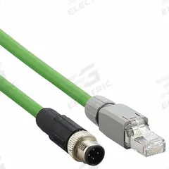 IFM Ethernet Cable: Cat5e, M12 Male Straight x RJ45 Male Straight, 0.5 m Lg, PVC, Green, D Coding (MPN E12490). Key specifications — Brand: IFM; Cable Jacket Color: Green; End 1 Coding: D; IP Rating: IP67; Performance Category: Cat5e.