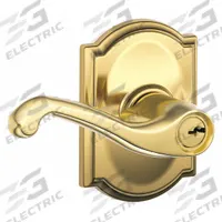SCHLAGE Door Lockset: Office Lever Locksets, Brass (MPN F51A FLA 605 CAM). Key specifications — attr1024149: Not Ligature-Resistant; attr1011488: SCHLAGE; attr1024446: F81; attr1011524: No Message; attr1011506: Flair; attr1011485: No; attr1059461: Bright Brass, Clear Coated : Brass.