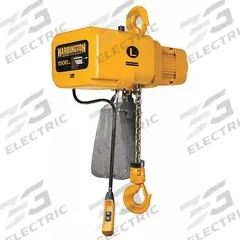 HARRINGTON Electric Chain Hoist: H4 - Heavy Duty, 230/460V AC, Hook Mounted - No Trolley, 1 Speeds (MPN NER008L-10). Key specifications — attr918889: HARRINGTON; attr918909: Chain Container; attr918925: 230/460V AC; attr922366: 28 in - 30 in.
