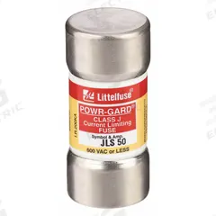 LITTELFUSE Fuse: JLS Series, Class J, Cylindrical Body, Fast-Acting, 50 A, 600 V AC, Non-Indicating (MPN JLS050). Key specifications — attr1287274: JLS; attr211200: LITTELFUSE.