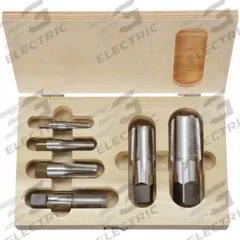 CHICAGO-LATROBE Pipe Tap Set: 6 Pc, High Speed Steel (MPN 353768). Key specifications — attr1300563: Wooden Case, 1/8 in -27, 1/4 in -18, 3/8 in -18, 1/2 in -14, 3/4 in -14, 1 in -11-1/2.