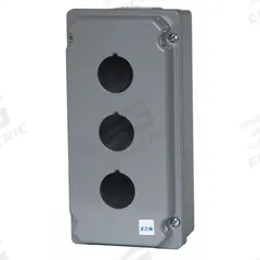 EATON Push Button Enclosure: 30mm, 3 Holes, Cast Zinc, NEMA 12/13/4/4X (MPN E34N13). Key specifications — attr211299: EATON; attr1043605: Oil-Tight and Dust-Tight.