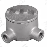 Conduit Outlet Body: Aluminum, GR, 1 in Trade Size, L Body, 18 cu in Body Capacity (MPN GRL100-A). Key specifications — Series: For Standard Body; Compatible Conduit Trade Size: 1 in; Thread Gender: Female; Hub Style: Threaded; Cover Included: Yes; Body Style: L; Connection Type: Threaded; Back Type: Round.