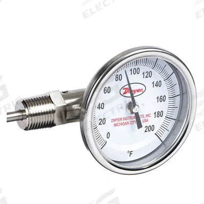 Dwyer Dial Thermometer: 0°F to 200°F, ±2%Full Scale Accuracy, 6 in Stem Lg - Side- & Bottom-Mount Fixed-Angle Thread-Mount Dial Thermometers