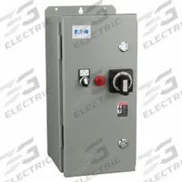 Combination Motor Starter: 3 Poles, Circuit Breaker, 32 A, 240V AC Coil, Thermal Protection, 240V AC (MPN ECX77H2BJD-N). Key specifications — Brand: EATON; Auxiliary Contact Form: 1NO; Coil Voltage: 240V AC; Control Transformer: Yes; Wire Termination Type: Screws; Poles/Phase: 3 Pole / Three Phase; Operator Type: Hand/Off/Auto (Selector Switch); Thermal Unit Type: Adjustable Thermal Units (Included).