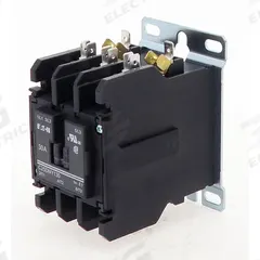 EATON Definite Purpose Magnetic Contactor: 3 Poles, 208-240V AC, 30 A, Non-Reversing (MPN C25DNY130). Key specifications — Brand: EATON; Coil Voltage: 208/240V AC; Contactor Style: HVACR Definite Purpose Contactor; Frame Size: A; Series: C25 Series; Phase: Three; Main Pole Contact Form: 3NO.