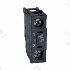 SCHNEIDER Contact Blocks: 22 mm Panel Mounting Size, 1NC, Momentary/Late Break, XB4/XB5 Series (MPN ZBE202). Key specifications — Switch Action: Momentary/Late Break; Terminal Connection Type: Screw Clamp Terminals; Brand: SCHNEIDER; Compatible with Series: XB5.