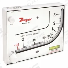 DWYER Analog Manometer: Inclined Vertical, MARK II 25, 0 in wc to 3 in wc. Key specifications — Series: MARK II; Includes: Indicating Fluid; Brand: DWYER; Manometer Type: Inclined Vertical; Housing Material: Styrene Acrylonitrile; Manufacturer Part Number: MARK II 25; Accuracy: ±3% of Full Scale; Accuracy (Full Scale): ±3% (F.S.).