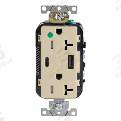 LEVITON Receptacle: Duplex, 5-20R, 1 USB Ports, USB Type A/C, Ivory, 125V AC - Hospital-Grade Receptacles with USB Chargers