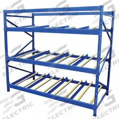 VESTIL Gravity Flow Rack: Starter, 96 in x 36 in, 84 in Overall Ht, Tilted, 3 Shelves, 14 ga Shelves (MPN FLOW-3-3). Key specifications — Color: Blue; Shelving Angle: Tilted; Method of Construction: Bolt-Together; Brand: VESTIL.