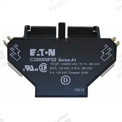 EATON Auxiliary Contact: 2NO/2NC, 10 A Max Current (AC), Side Mount, Side-Mounted (MPN C320SNP22). Key specifications — Brand: EATON; Compatible with Series: B27 Definite Purpose Starters.