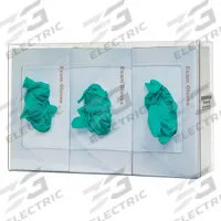 BOWMAN DISPENSERS Glove Dispenser: PETG, 16 in Overall Wd, 10 1/8 in Overall Ht, 4 in Overall Dp (MPN GP-015). Key specifications — Dispenser Layout: (3) Boxes; Fill Direction: Top Load; Material: PETG; Brand: BOWMAN DISPENSERS; Color: Clear.