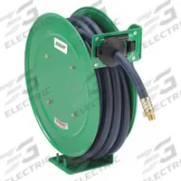 Spring Return Hose Reel: 35 ft (1/2 in I.D.), 3/8 in MNPT, 300 psi Max Op Pressure, Brass, Green (MPN 49AE05). Key specifications — Reel Color: Green; Hose Capacity: 35 ft (1/2 in I.D.); Overall Dimensions: 13-25/32 in L x 6-13/16 in W x 15-9/32 in H; Swivel Material: Brass; Hose End Configuration: 3/8 in MNPT; Brand: SPEEDAIRE.