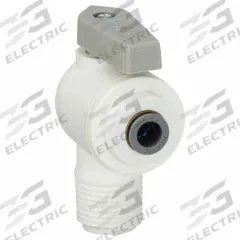 PARKER Manual Two-Way Ball Valve: 1/4 in, Polypropylene, Angle, Push x MNPT, Full Port Ball Port (MPN LFPP4VME6). Key specifications — Brand: PARKER; Handle: Lever.