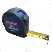 WESTWARD Tape Measure: Nonmagnetic Single Hook Tip, 25 ft, Plastic with Rubberized Grip, Black/Blue (MPN 55MN52). Key specifications — attr935324: WESTWARD; attr942259: Black; attr935328: 1/32 in (1st 12 in); attr935329: Feet; attr935337: SAE/Fractional-Read; attr936607: Manual Lock; attr972446: Inch/Fractional-Read; attr979969: Nonmagnetic Single Hook.