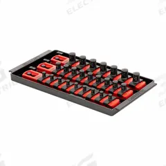 ERNST MANUFACTURING Socket Organizer: Red, 5 5/16 in Overall Wd, 25 Posts/Slots, Sockets (MPN 8550). Key specifications — attr1125333: (25) Socket Clips; attr1125346: ERNST MANUFACTURING; attr1125347: Red; attr1136588: Sockets; attr1125364: Socket Bit Tray.