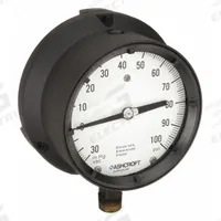 ASHCROFT Process Compound Gauge: 0 psi to 100 psi, White, 4 1/2 in Dial, 1/2 in NPT Male, Bottom, 4X (MPN 451379ASL04LVAC/100#). Key specifications — Brand: ASHCROFT; Pointer Color: Black; Accuracy: ±0.5%; Dial Color: White; Gauge Wetted Parts: Brass / Bronze; Case Material: Epoxy-Coated Aluminum; Vibration Resistance Properties: Liquid-Filled; Pressure Range: 0 psi to 100 psi.