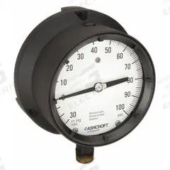 ASHCROFT Process Compound Gauge: 0 psi to 100 psi, White, 4 1/2 in Dial, 1/2 in NPT Male, Bottom, 4X (MPN 451379ASL04LVAC/100#). Key specifications — Brand: ASHCROFT; Pointer Color: Black; Accuracy: ±0.5%; Dial Color: White; Gauge Wetted Parts: Brass / Bronze; Case Material: Epoxy-Coated Aluminum; Vibration Resistance Properties: Liquid-Filled; Pressure Range: 0 psi to 100 psi.