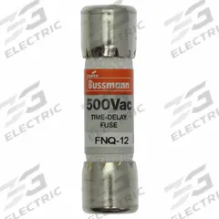 BUSSMANN Fuse: FNQ Series, Midget, Time-Delay, 12 A, 500 V AC, 13/32 in x 1 1/2 in, Non-Indicating (MPN FNQ-12). Key specifications — Series: FNQ; Brand: BUSSMANN.