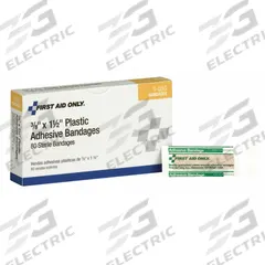 FIRST AID ONLY Adhesive Bandage: Strip Bandages, 3/8 in Wd, 1 1/2 in Lg, Not Metal Detectable, Strip (MPN 1-080). Key specifications — Product Type: Strip Bandages; Unitized: Unitized; Water Resistance: Water Resistant; Brand: FIRST AID ONLY; Latex Content: Latex Free; Metal Detectable: Not Metal Detectable; Package Type: Box; Manufacturer Part Number: 1-080.