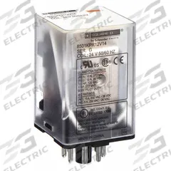 SCHNEIDER General Purpose Relay: Socket Mounted, 10 A Current Rating, 24V AC, DPDT, 8 Pins/Terminals (MPN 8501KPR12V14). Key specifications — Brand: SCHNEIDER; Base Type: Octal; Mounting Style: Socket; Pin Shape: Round; Electrical Connection: 8-Pin Terminal; Manufacturer Part Number: 8501KPR12V14; Series: Square D 8501K Series.