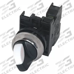 EATON Selector Switch: 22 mm Panel Mounting Size, 2 Positions, Short Lever, 1NO, Metallic (MPN M22M-WRK-K10). Key specifications — AC Contact Rating: 6 A @ 230 V; Action: Maintained/Maintained; Cam: No Cam Required; DC Contact Rating: 3 A @ 24 V; Hazardous Location Specification: Not Rated; Operator Head Material: Metal; Operator Head Type: Short-Handled Knob; Operator Illumination: Non-Illuminated.
