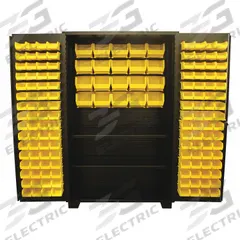 JAMCO Bin Cabinet: 48 in x 24 in 78 in, 2 Shelves, 148 Bins, Yellow, Flush, 14 ga Panel, Black (MPN DT248BL). Key specifications — Bin Color: Yellow; Bin HxWxD: (128) 3 in x 4-1/8 in x 7-1/2 in; Assembled: Assembled; Cabinet Style: Shelf and Bin; Brand: JAMCO; Cabinet Color: Black; Cabinet Finish: Powder Coated; Cabinet Material: Steel.