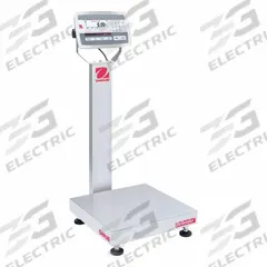 OHAUS Industrial Bench Scale: 18 in x 18 in, IP67/IP68, Column-Mounted, Stainless Steel (MPN D52XW125RQL2). Key specifications — Connection Ports: Bluetooth; Readability: 0.01 lb/5 g; Brand: OHAUS; Weighing Surface Material: Stainless Steel.