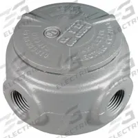 Conduit Outlet Body: Iron, GRJS, 1/2 in Trade Size, XAT Body, 7.3 cu in Body Capacity (MPN GRJS50). Key specifications — Series: For Round Body; Compatible Conduit Trade Size: 1/2 in; Thread Gender: Female; Hub Style: Threaded; Cover Included: Yes; Body Style: XAT; Connection Type: Threaded; Back Type: Round.